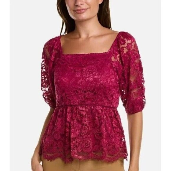 NWT $78 NANETTE LEPORE RASPBERRY LACE PEPLUM LINED BACK ZIPPER TOP BLOUSE SZ L - Picture 1 of 11